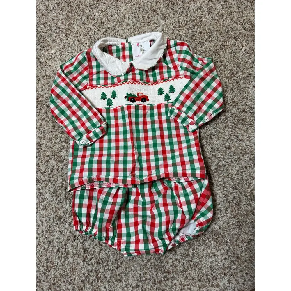 Eliza James Christmas Smocked Gingham Set Red Truck 24M Top Diaper Cover